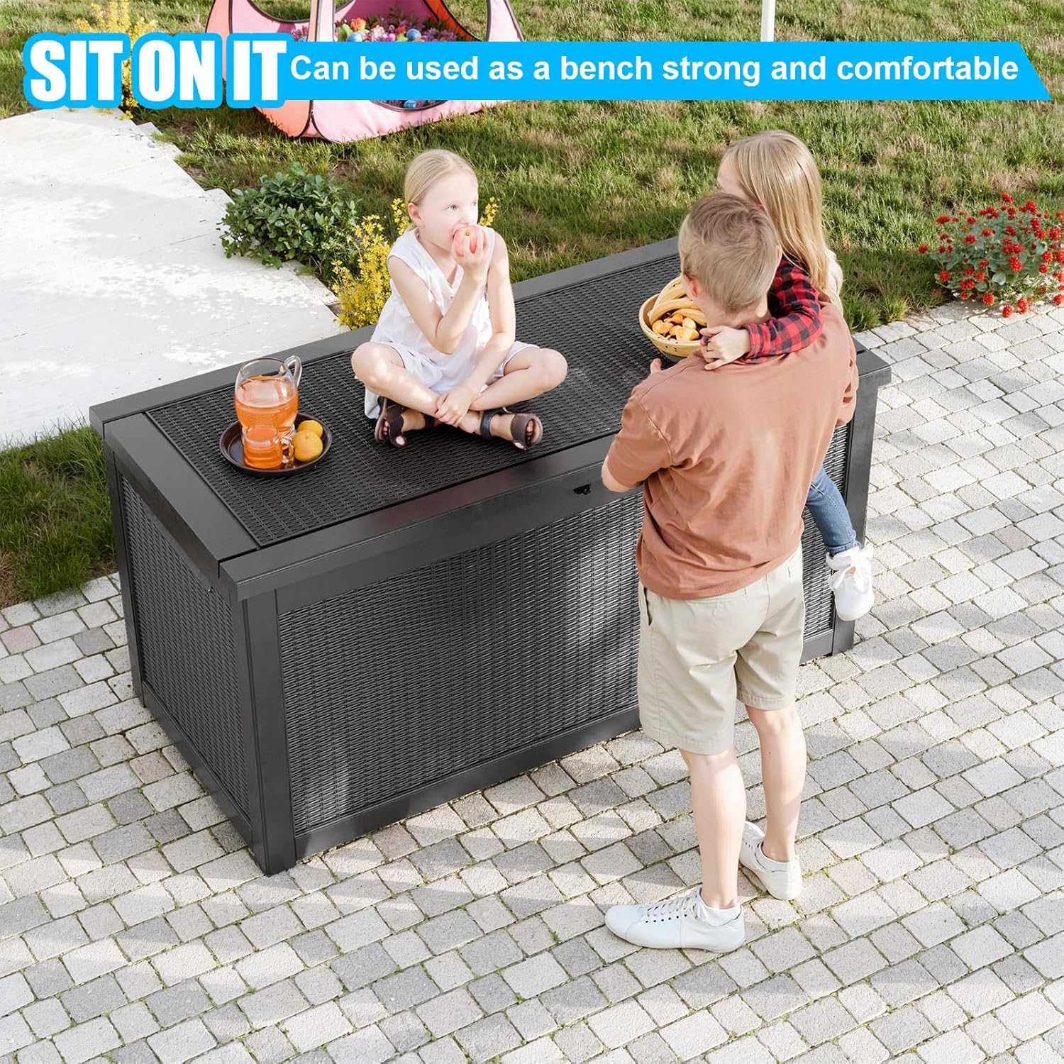 260 Gallon Large Resin Deck Box, Lockable Outdoor Storage Box for Patio Cushions Storage