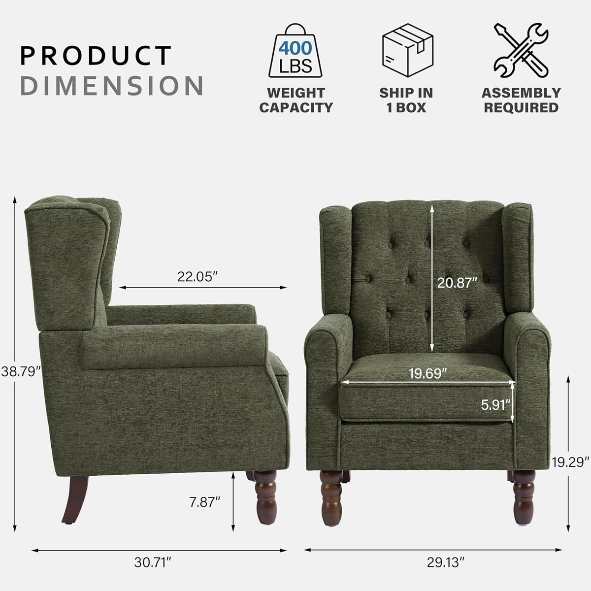 Lumibee High Back Accent Chair,Upholstered Wingback Armchair with Solid Wood Legs for Small