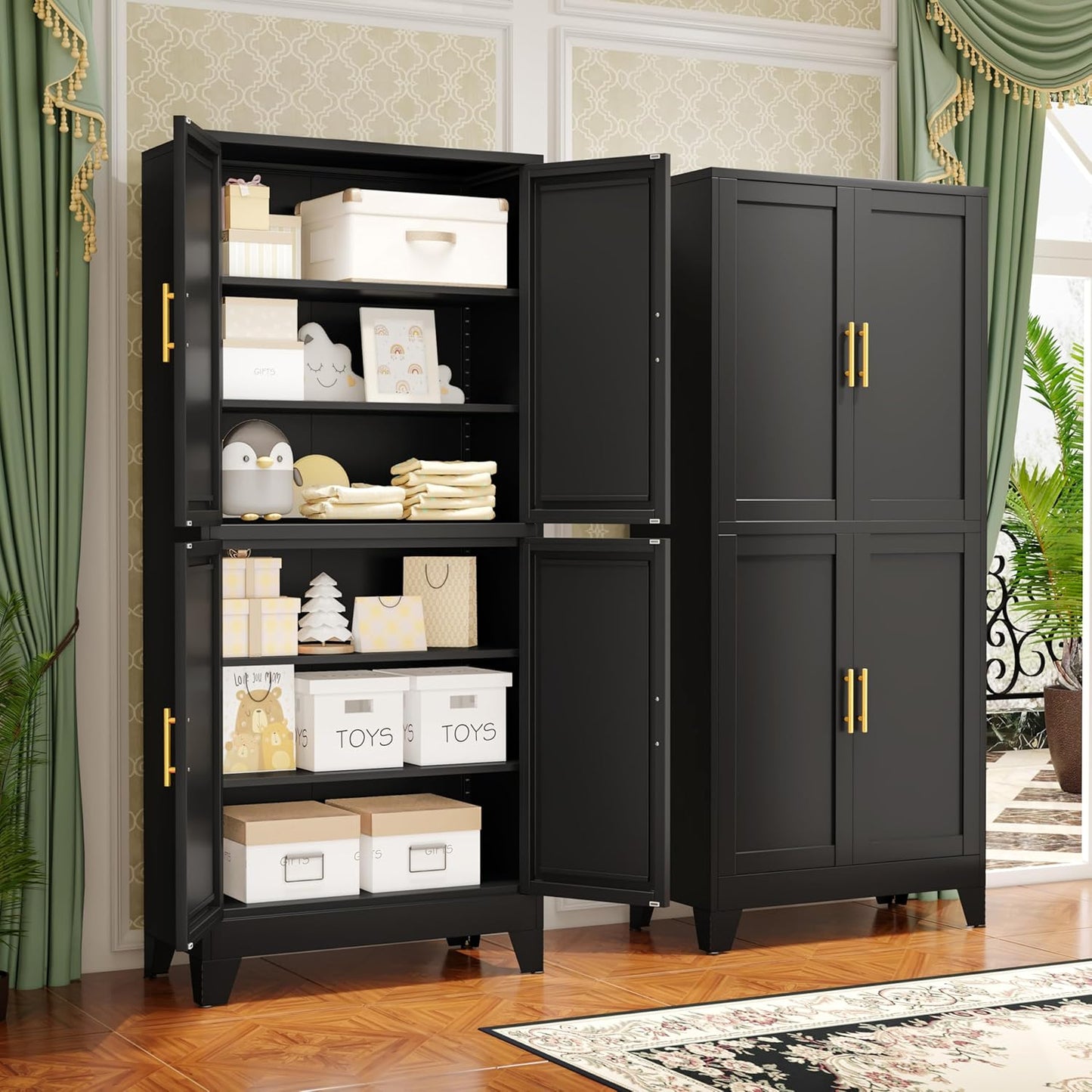 75.2" Tall Metal Pantry Cabinet, Storage Cabinets with 4 Door and 4 Adjustable Shelves, Black