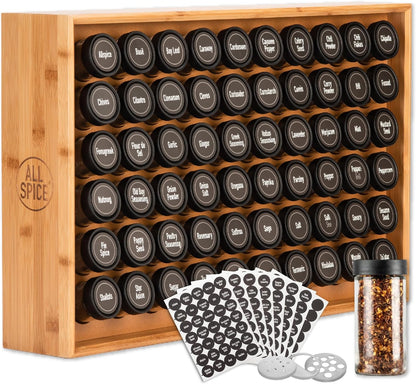 AllSpice Spice Rack Organizer, Wood, 525 Unique Labels, Countertop or Wall Mount, Includes 60 4oz