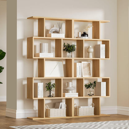Oak 5-Tier Geometric Bookcase, S-Shaped Modern Bookshelf Set of 2, 62.6" Tall Room Divider Book