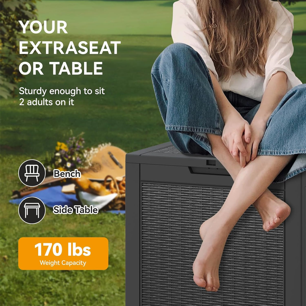 NUNU LAB 30 Gallon Waterproof Outdoor Storage Box, Lockable Resin Deck Box Bench for Patio