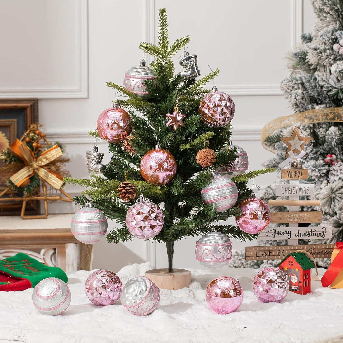 150PCS Pink and Silver Christmas Ornaments, Shatterproof Christmas Ball Ornaments Set, Assorted
