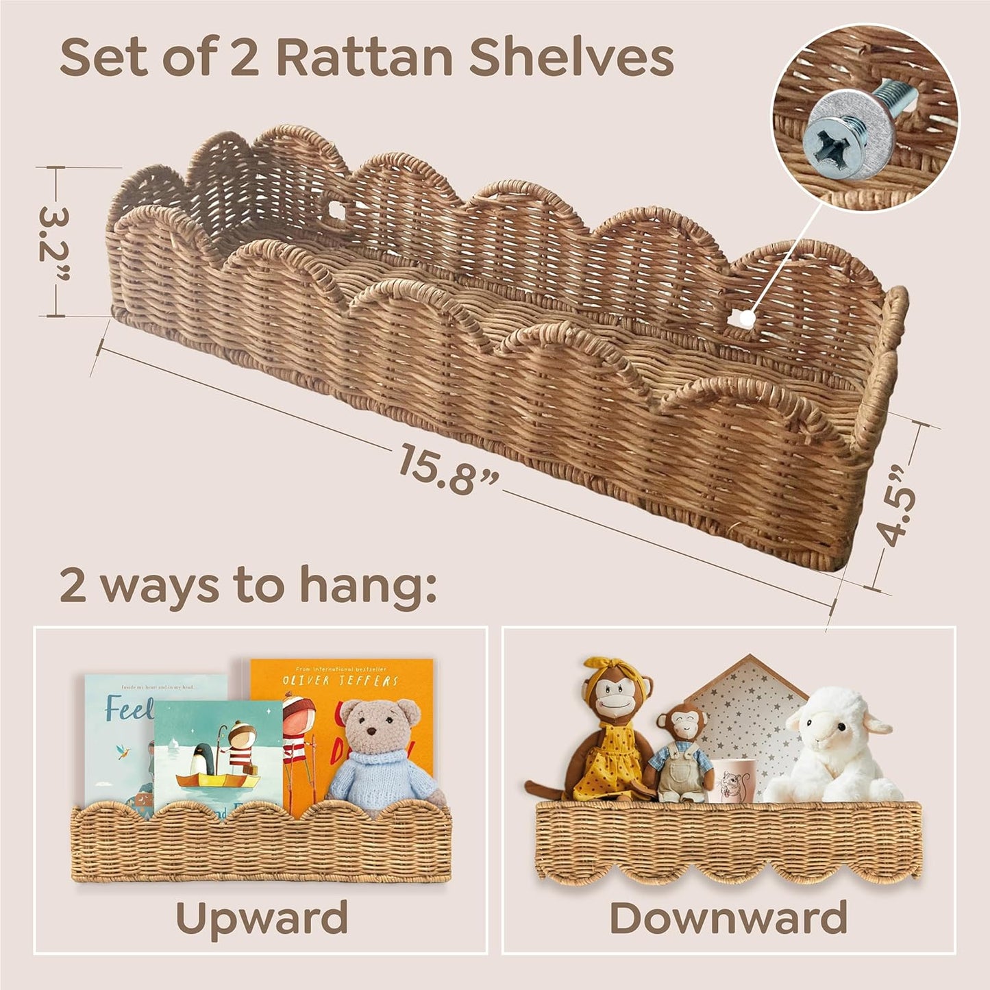 Nursery Book Shelves Set of 2 - Artisanal Natural Rattan Scalloped Book Shelf for Kids Rooms 15.8"