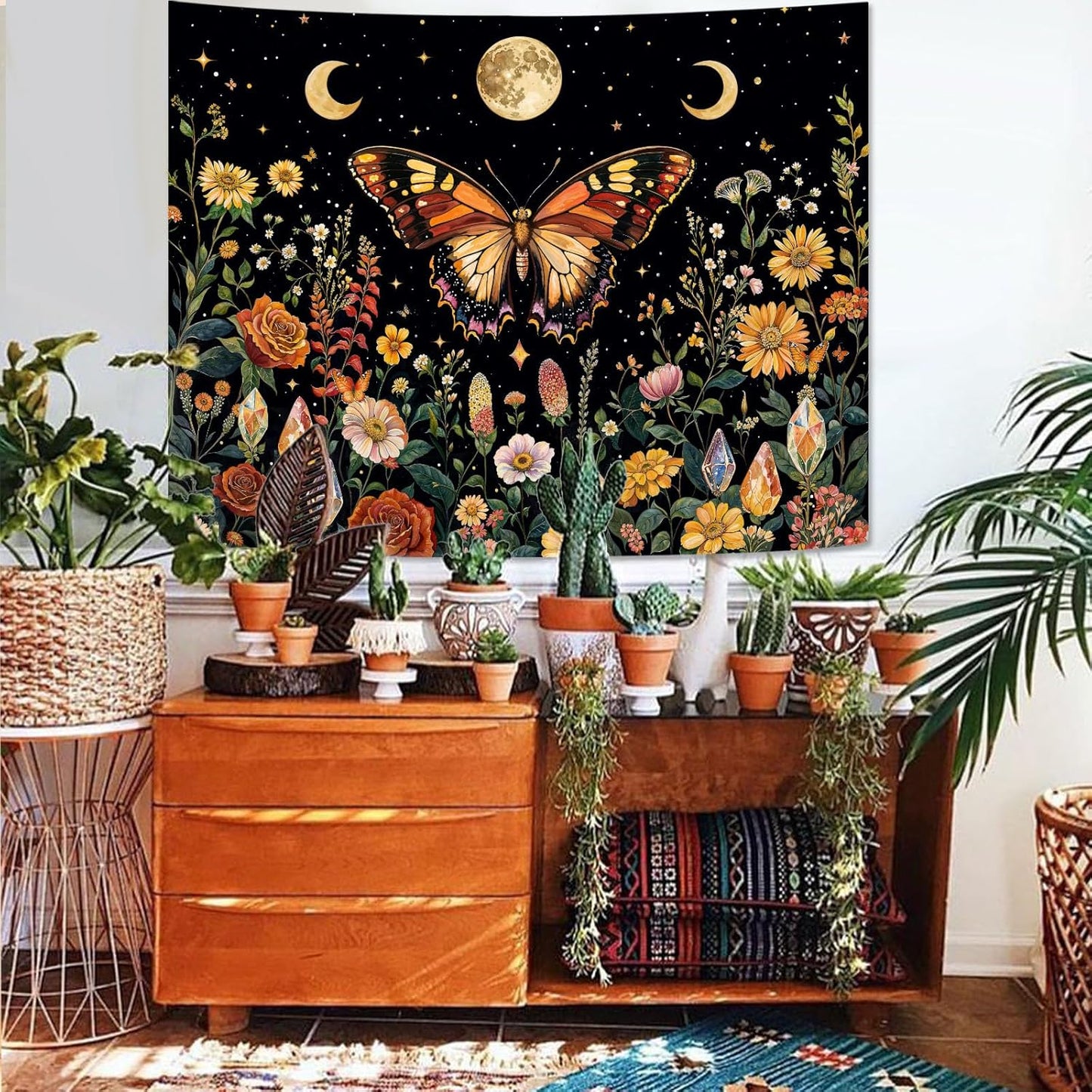 Lunerfex Boho Butterfly Tapestry Flower Moon Wall Tapestry, Moon Phases Tapestries for Bedroom Cute
