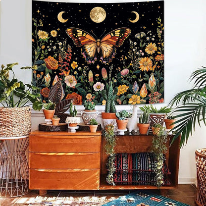 Lunerfex Boho Butterfly Tapestry Flower Moon Wall Tapestry, Moon Phases Tapestries for Bedroom Cute