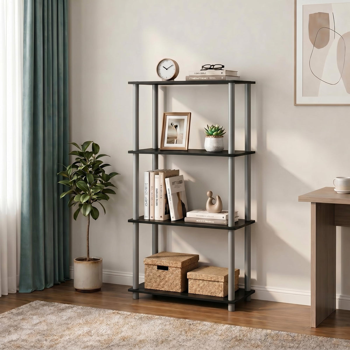 Furinno Turn-N-Tube Storage Shelves, 4-Tier Book Shelf, Corner Shelf, Toolless Open Shelves, for