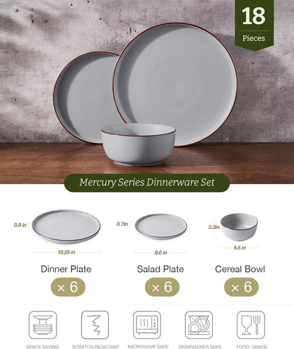 Famiware Mercury Plates and Bowls Sets, 18 Pieces Stoneware Dinnerware Sets, Dishes Set for 6