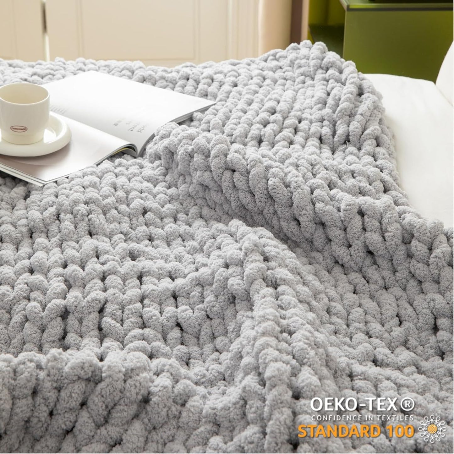 WESHIONGOO Chunky Knit Blanket Throw 50"×60" Knitted Throw Blankets for Couch Bed Fluffy Soft