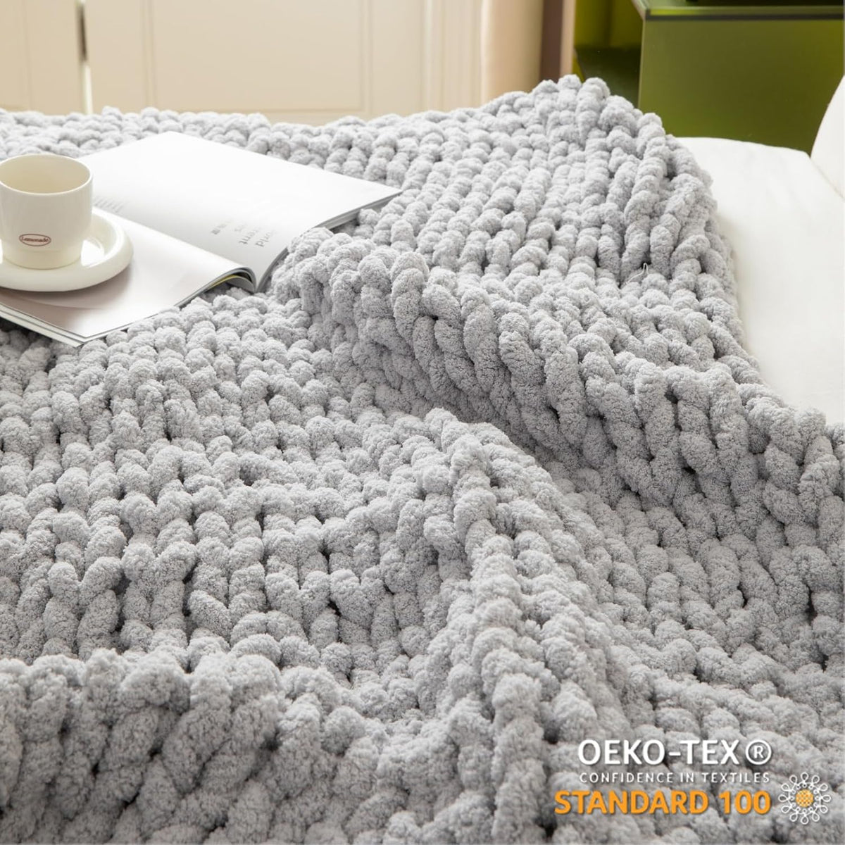 WESHIONGOO Chunky Knit Blanket Throw 40"×40" Knitted Throw Blankets for Couch Bed Fluffy Soft
