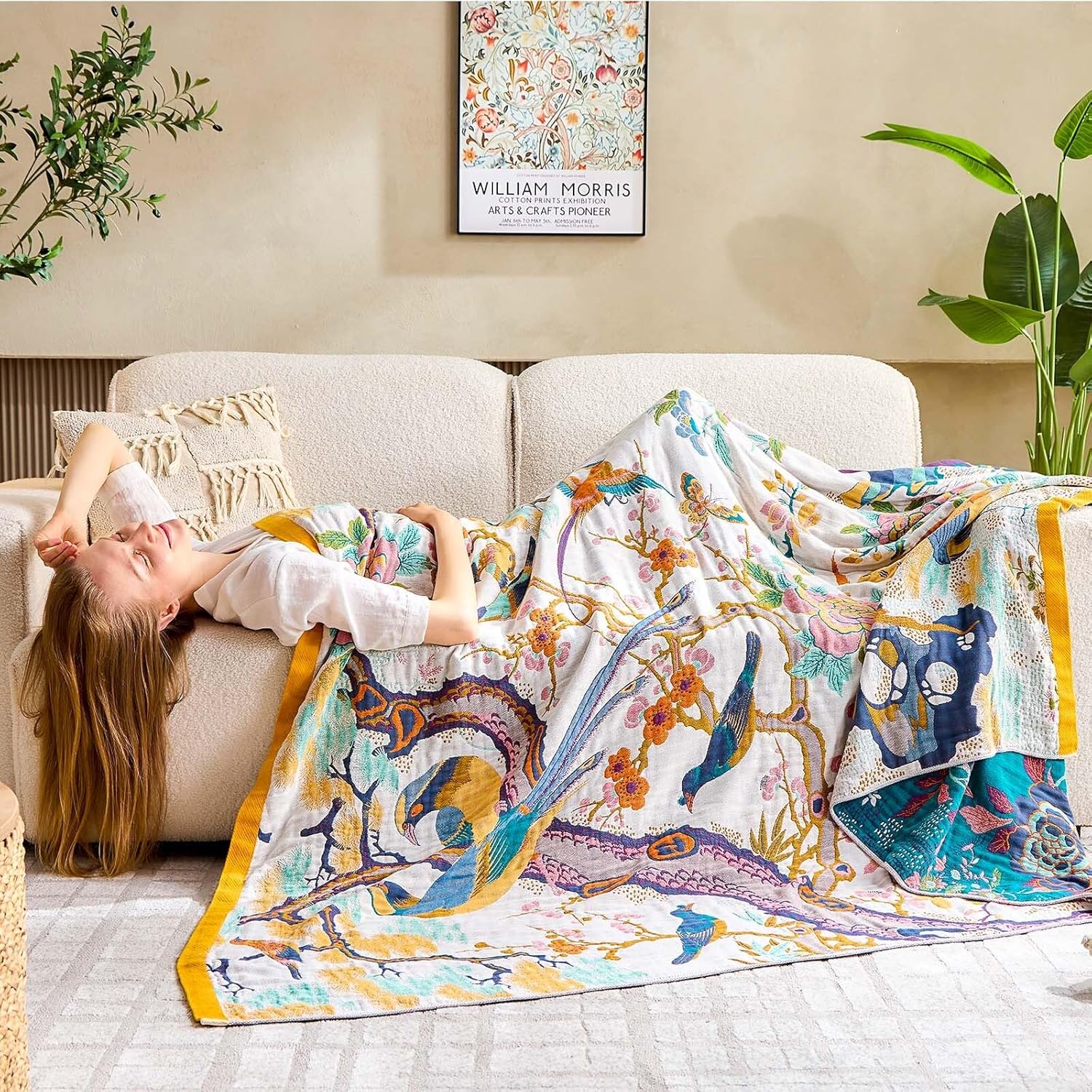 Fall Throw Blanket for Couch, Yellow Boho Decorative Throw Blanket, 100% Cotton Muslin Breathable