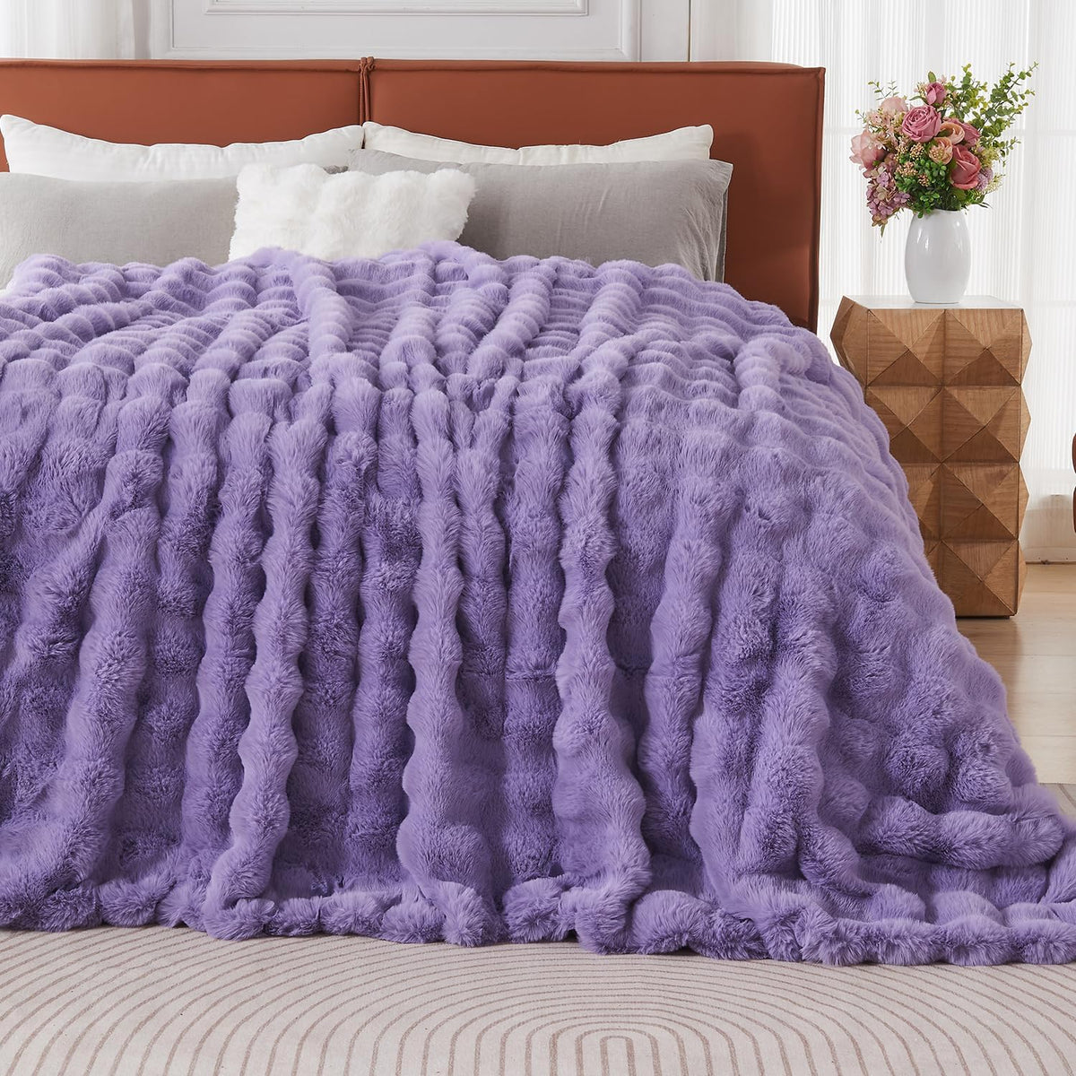 Lotus Karen Faux Fur Throw Blanket Purple - Big Bubble Rabbit Fluff King Blankets for The
