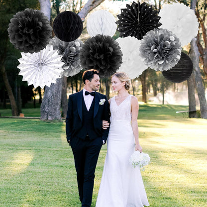 Black White Silver Party-Decorations Streamers-Lanterns - 14pc New Years Graduation 2025 Paper Fan