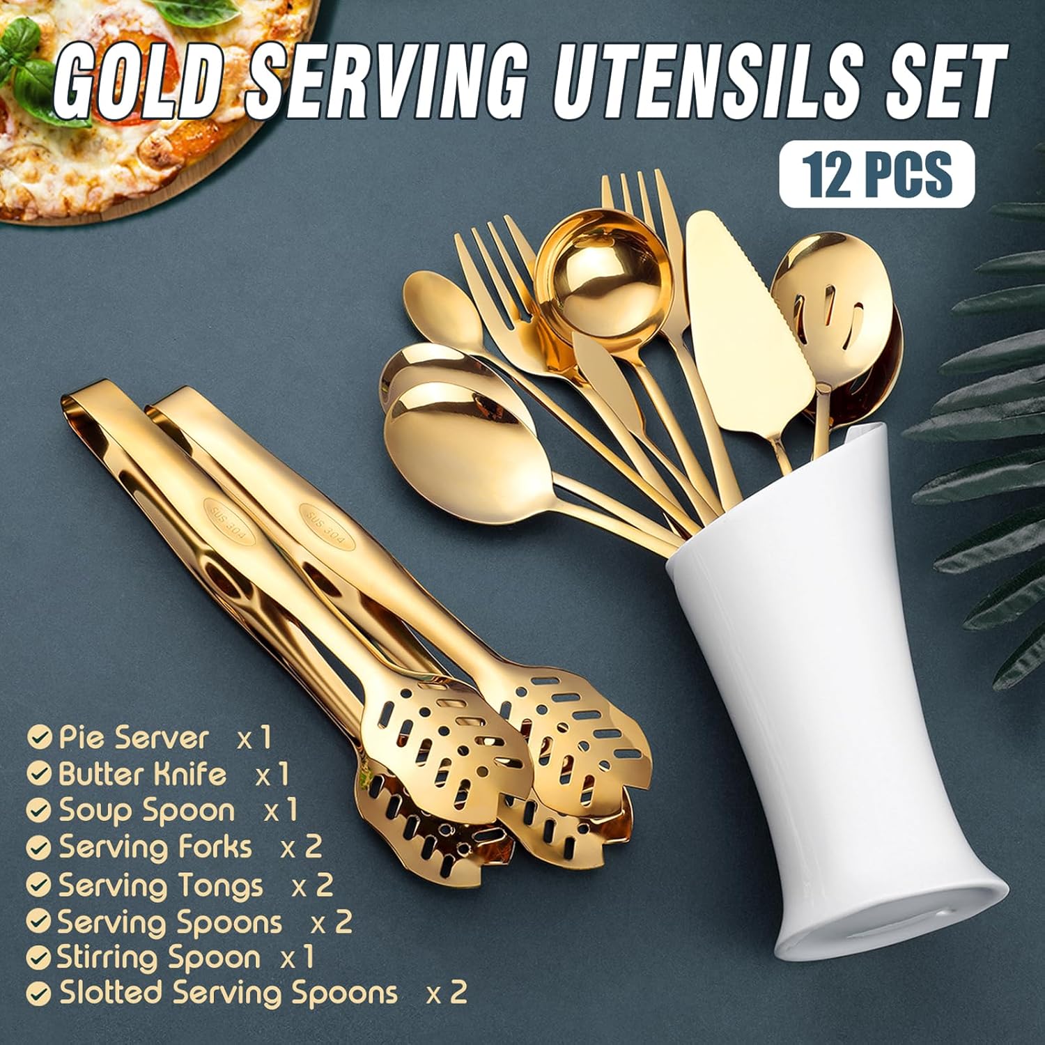 Gold Serving Utensils, OGORI 12-Piece Stainless Steel Serving Utensils Include Serving Spoons