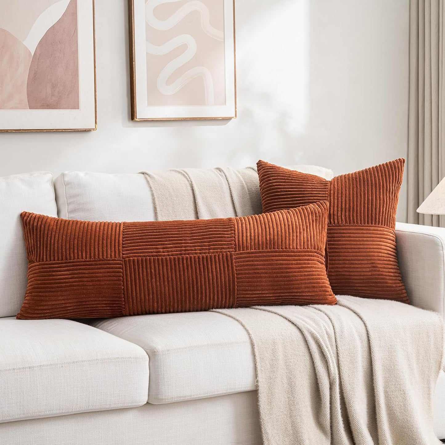 Fancy Homi Set of 2 Rust Boho Long Lumbar Body Decorative Throw Pillow Cover 14x36 Inch for Bed