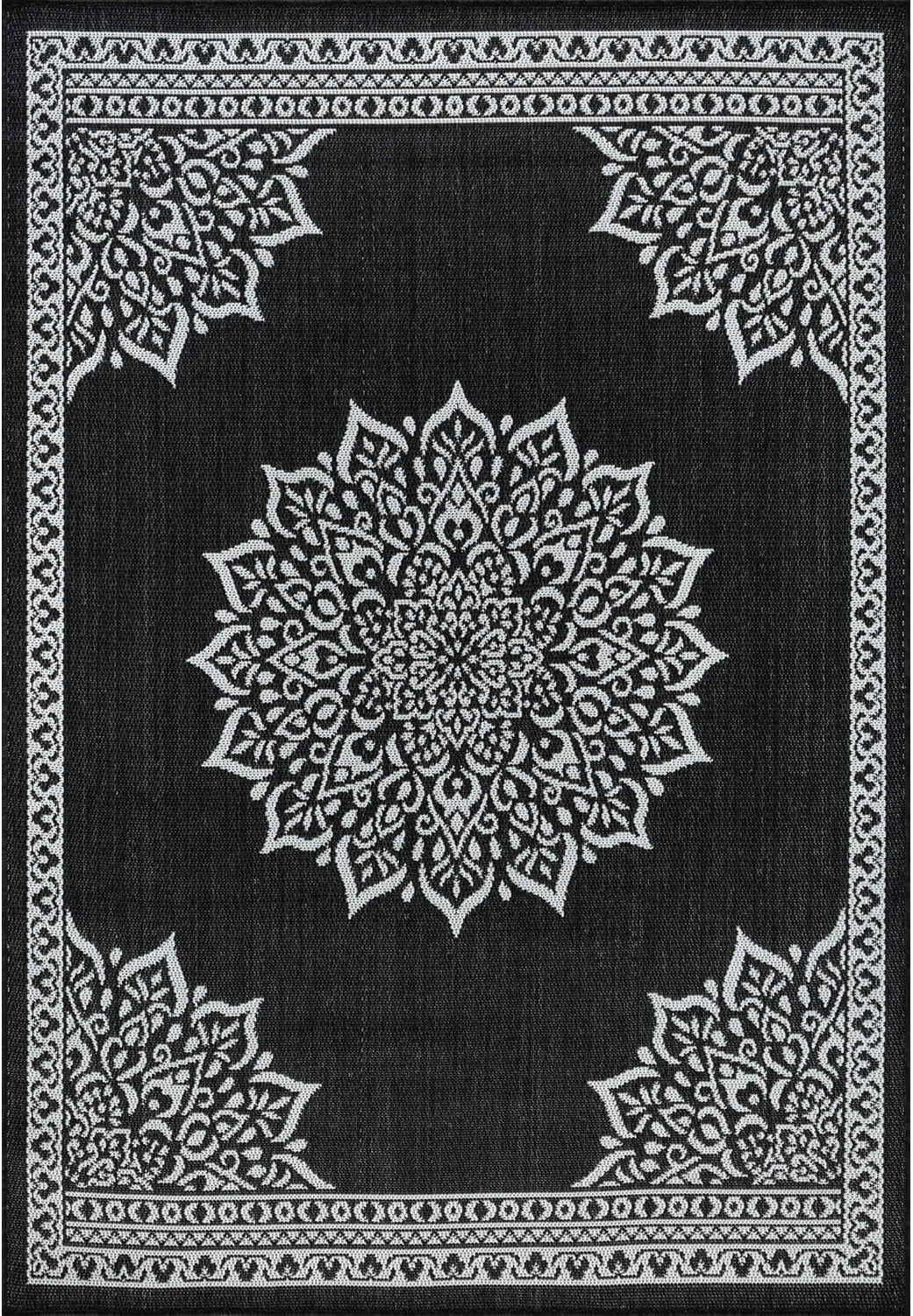 CAMILSON Outdoor Rug, 5x7 Medallion Black White Modern Area Rugs for Indoor and Outdoor Patios