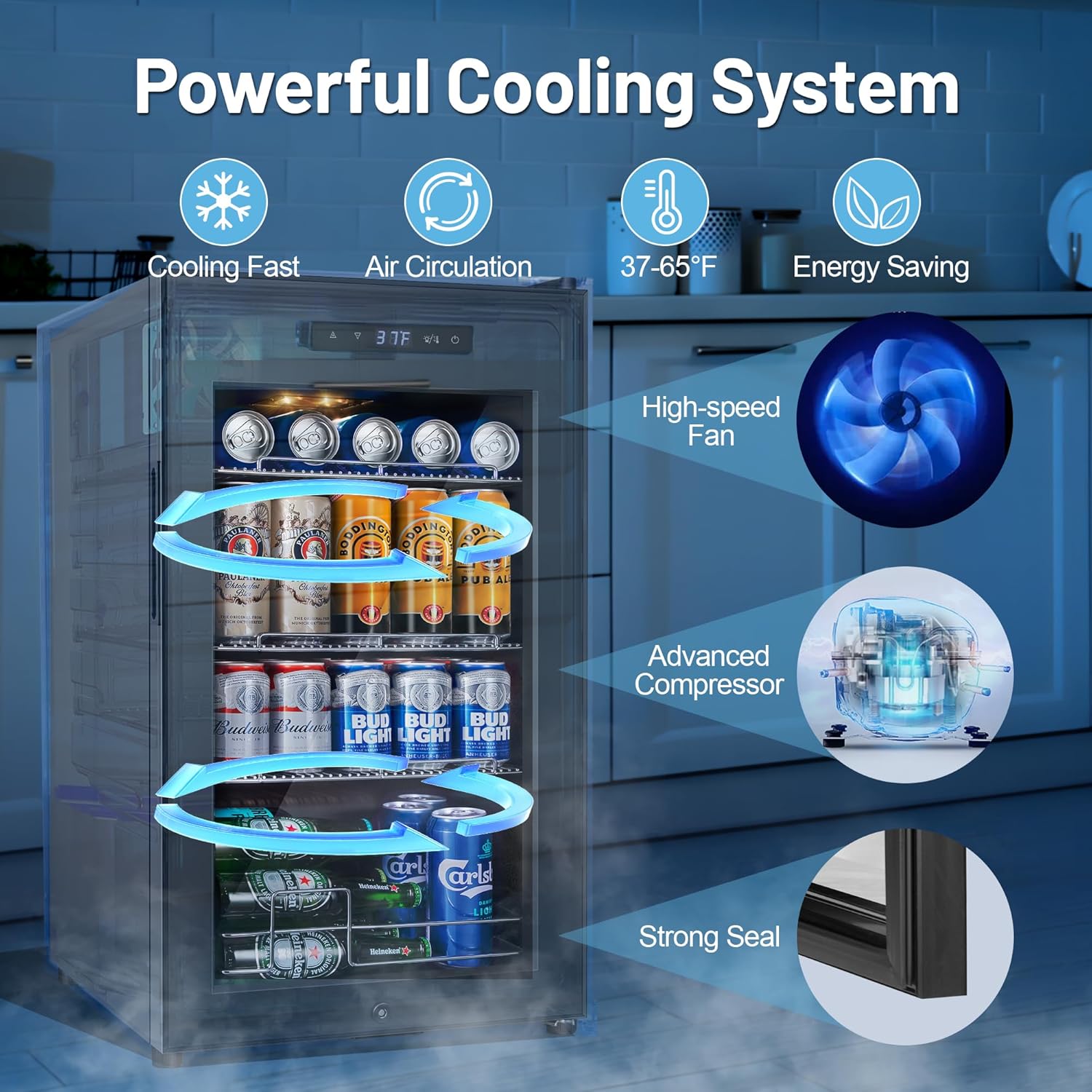 Beverage Refrigerator Cooler, 17 Inch 120 Cans Freestanding Mini Fridge with Glass Door, Adjustable