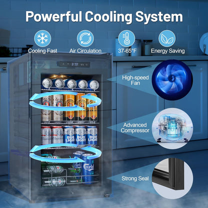 Beverage Refrigerator Cooler, 17 Inch 120 Cans Freestanding Mini Fridge with Glass Door, Adjustable