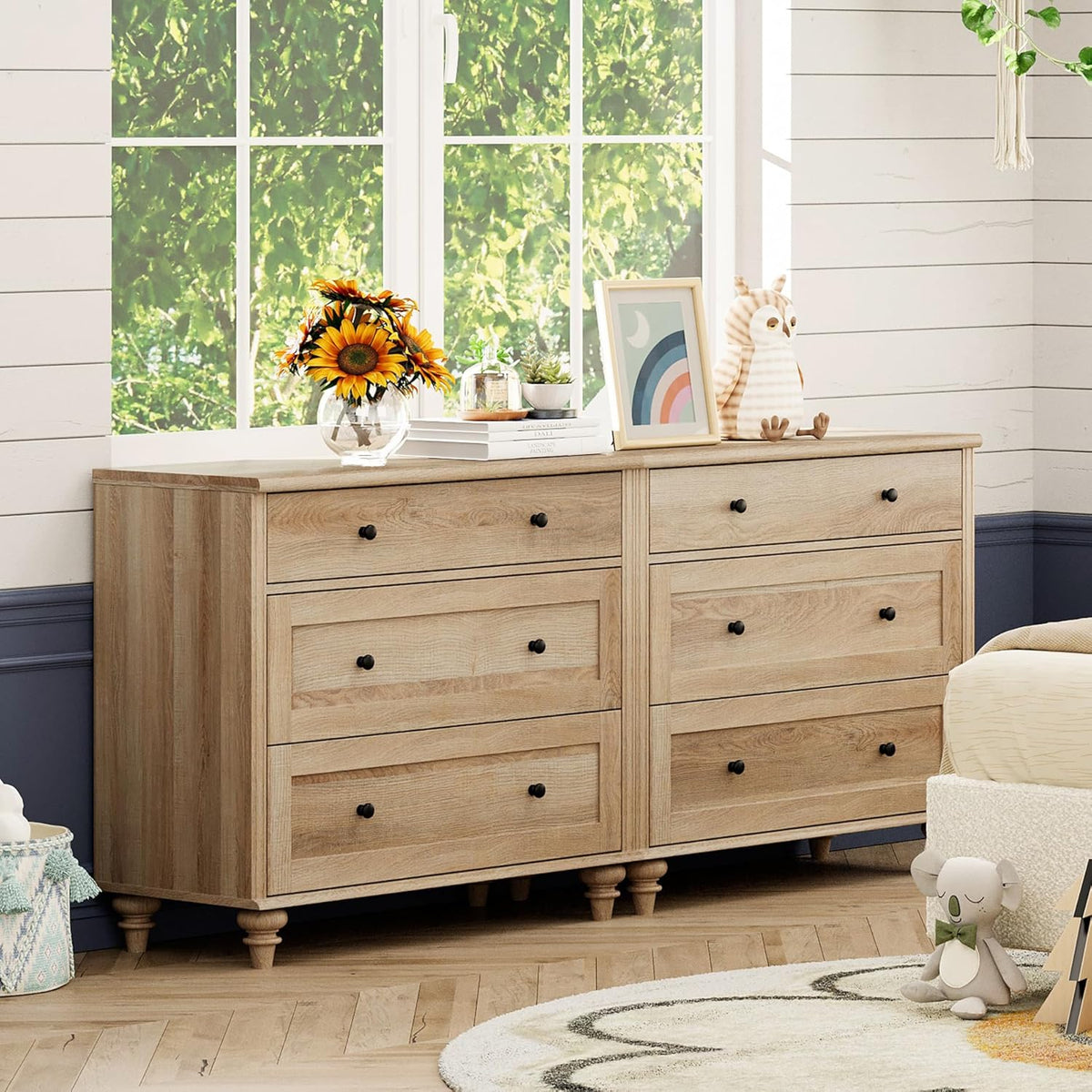 WAMPAT Kids Dresser for Bedroom with 6 Drawers, Oak Baby Dressers with Wide Chest of Drawers, Mid