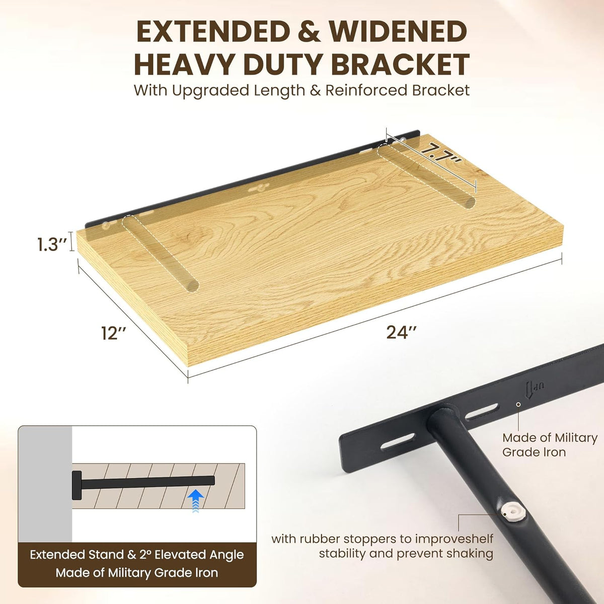 24" Floating Shelves for Wall, 12" Deep Slim Oak Floating Shelves, Wall-Mounted Shelves for