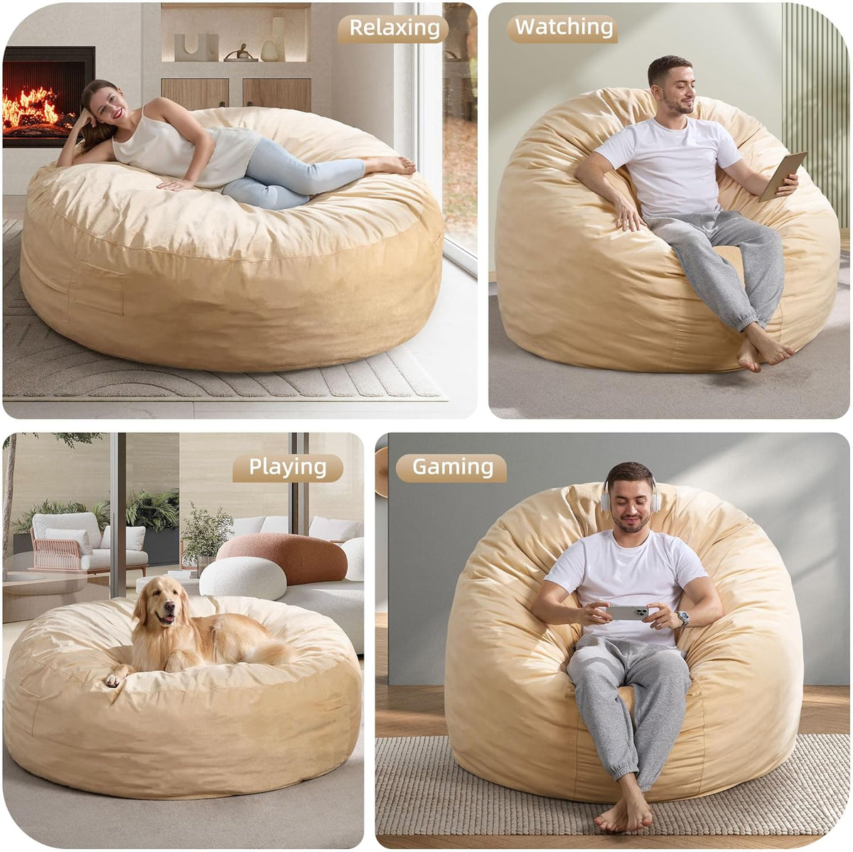 Hobestluk 6FT Bean Bag Chair Bean Bag Chairs for Adults Giant Bean Chairs with Velvet Cover, Memory