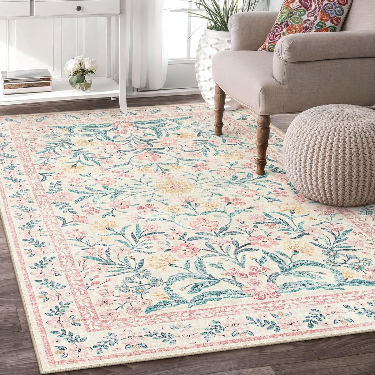 Wonnitar Machine Washable 5x7 Nursery Rug, Pink Rugs for Bedroom Girls, Boho Soft Floral Carpet Non
