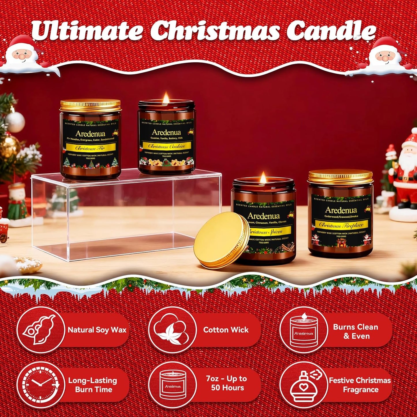 Christmas Candles Set | 4 Pack Winter Holiday Scented Candles, Soy Candles for Home Scented - Xmas