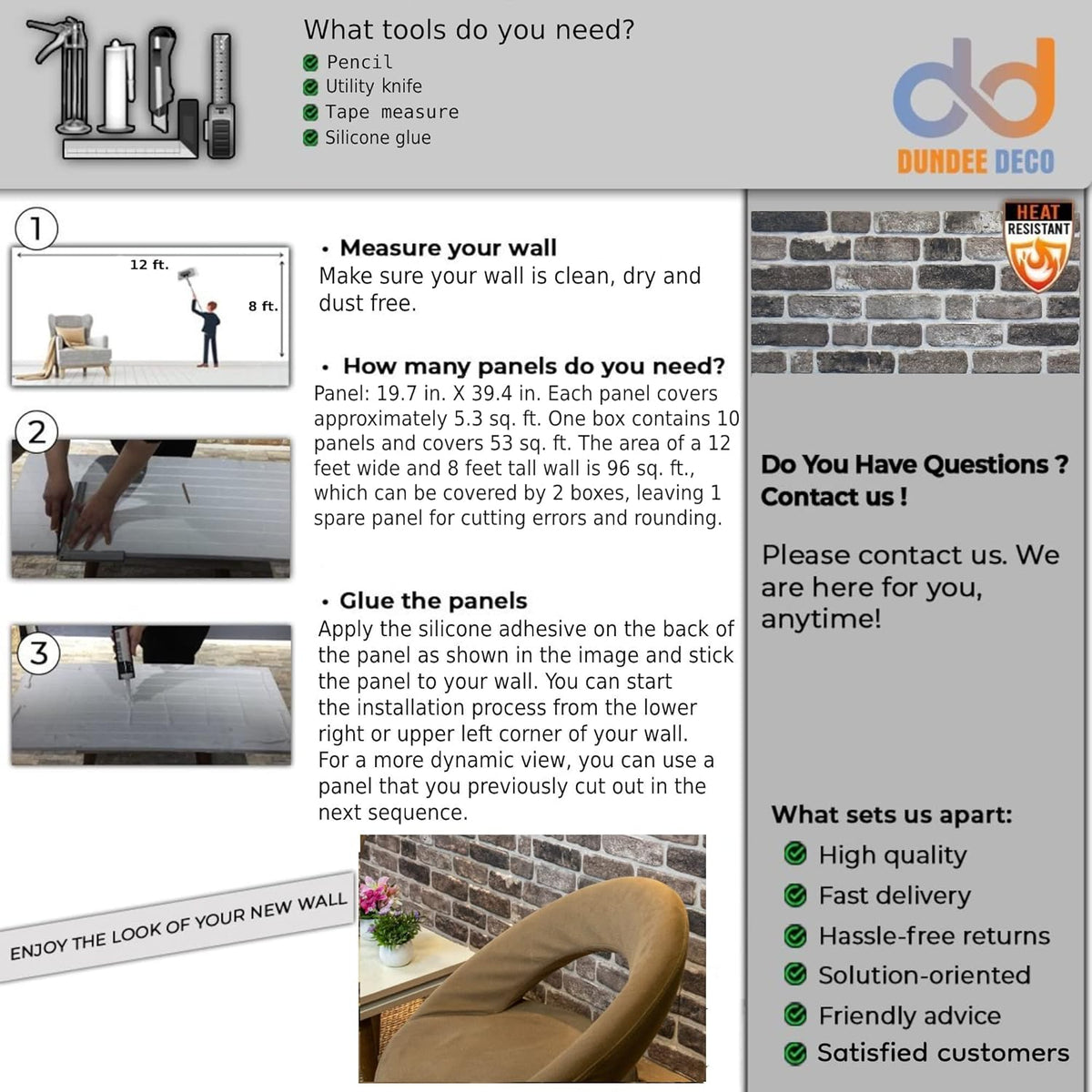 Dundee Deco 3D Wall Panels Faux Brick - Cladding, Grey Black Stone Look Wall Paneling, Styrofoam