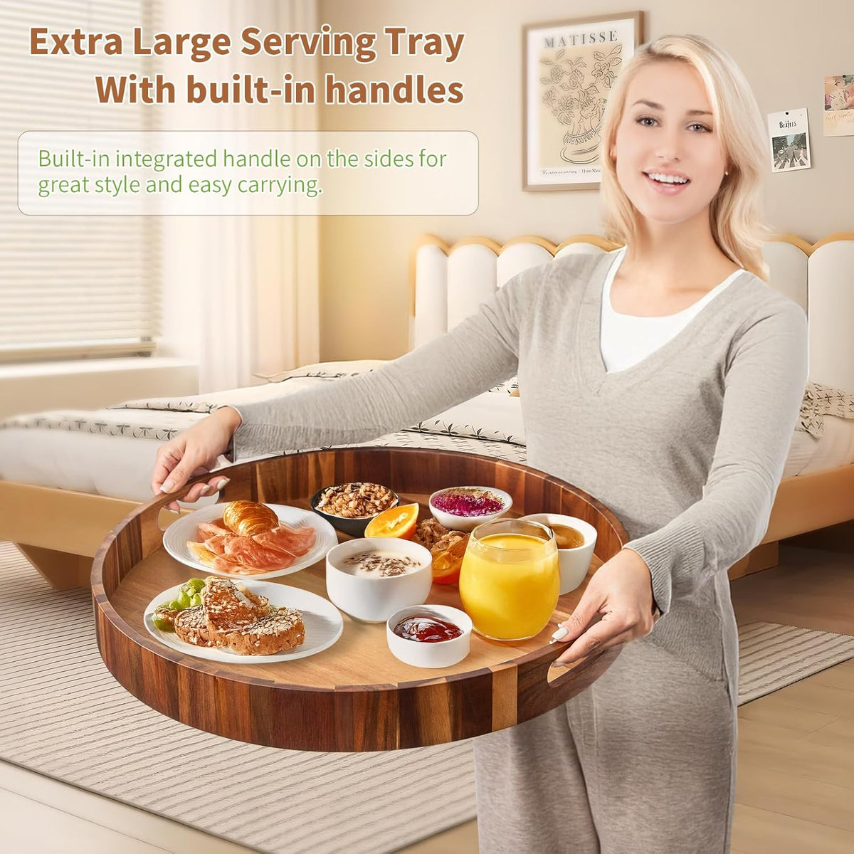 Large Ottoman Tray, 22" Big Ottoman Tray for Living Room, Large Serving Tray with Handles for