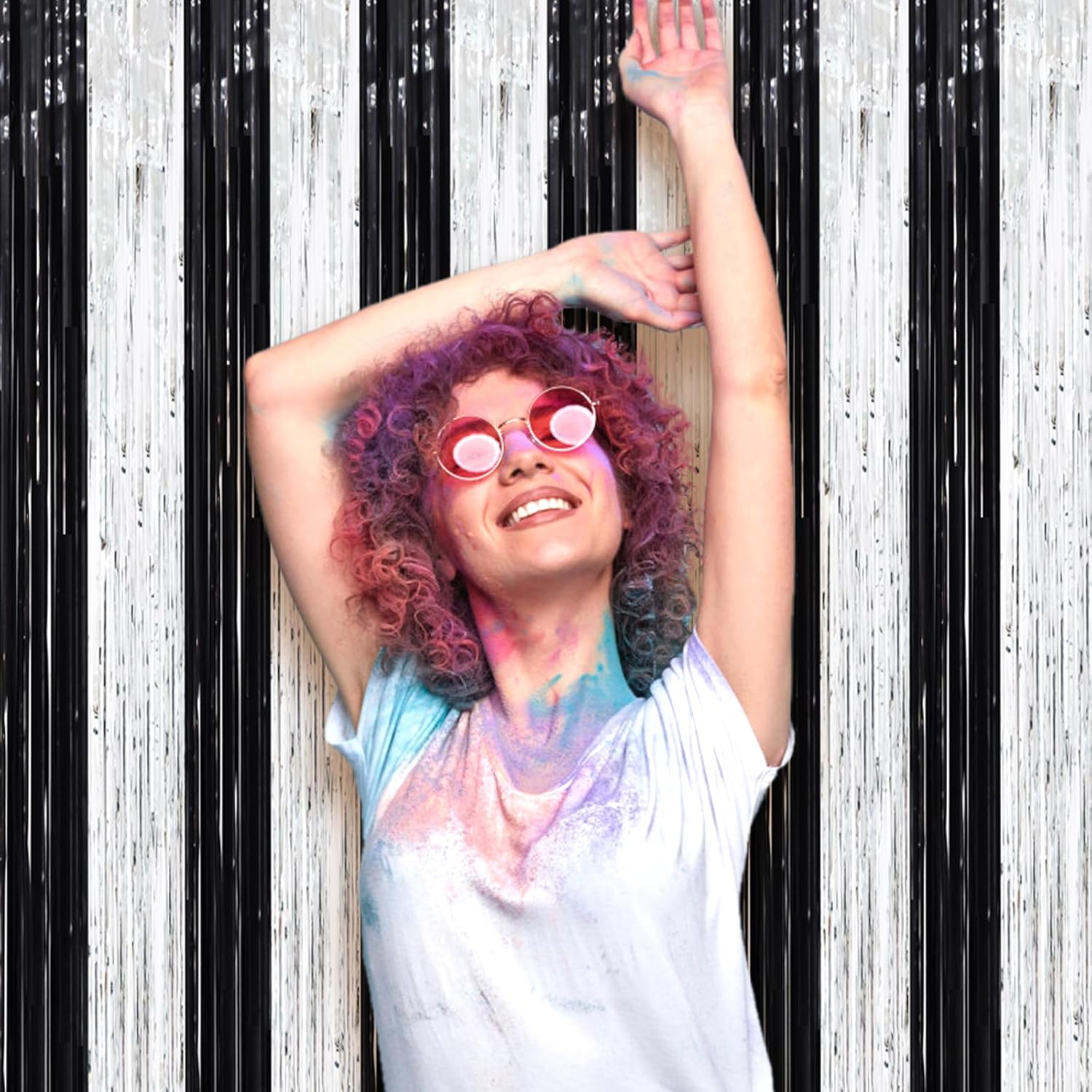 3 Pack 3.3 x 8.2 ft Black and Silver Foil Fringe Backdrop Curtains, Tinsel Streamers Party