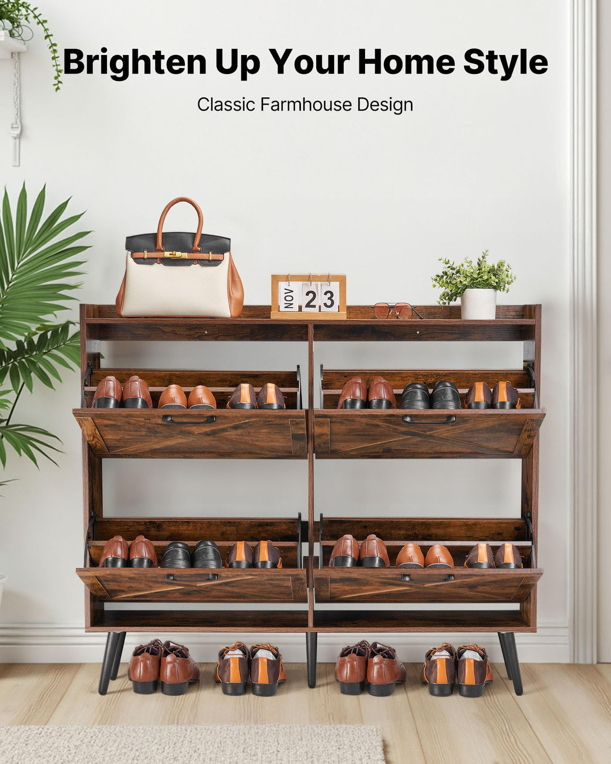 VEVOR Shoe Cabinet with 4 Flip Drawers, Farmhouse Shoes Storage Cabinet with Wood Legs and