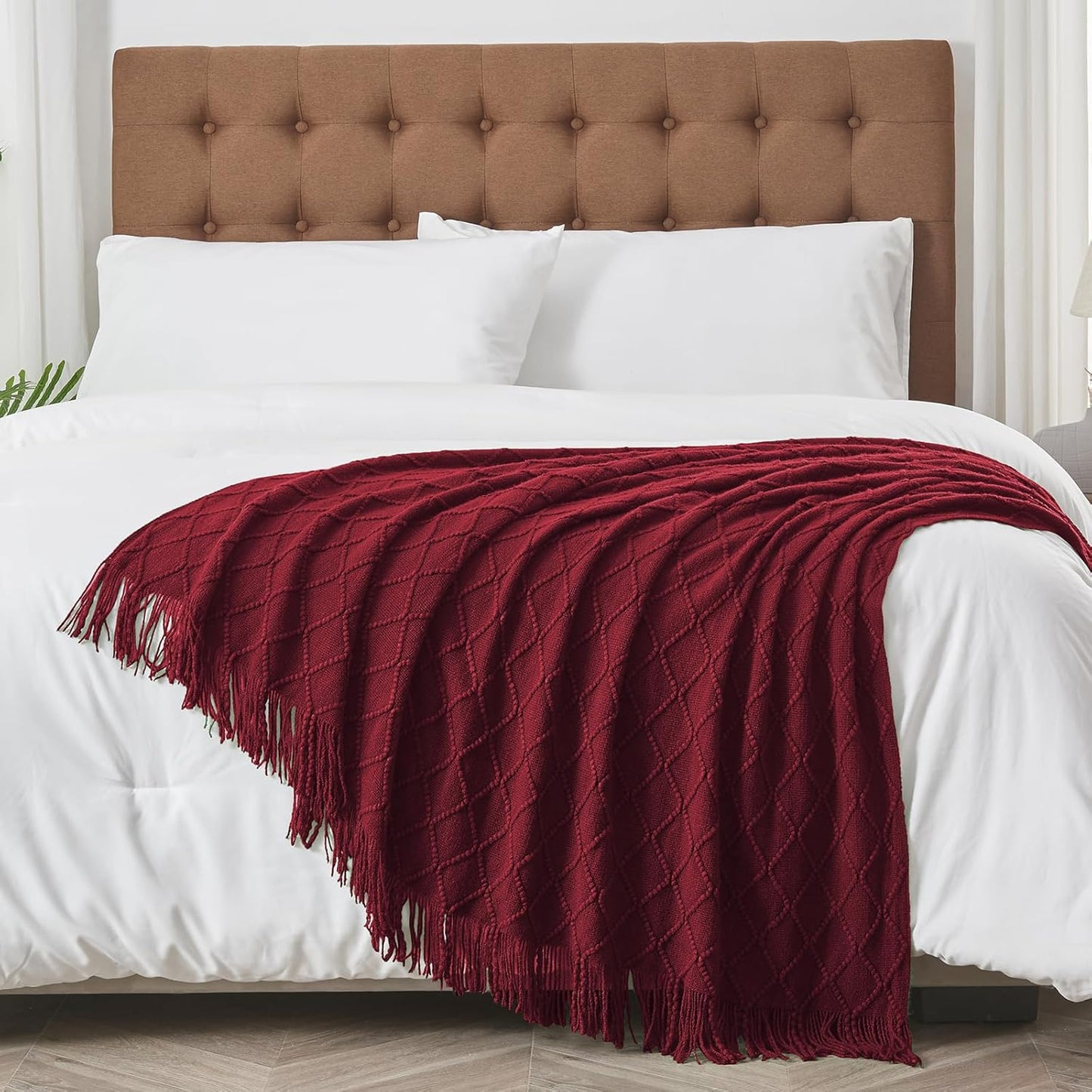 inhand Knitted Throw Blankets for Couch and Bed, Soft Cozy Knit Blanket with Tassel, Claret