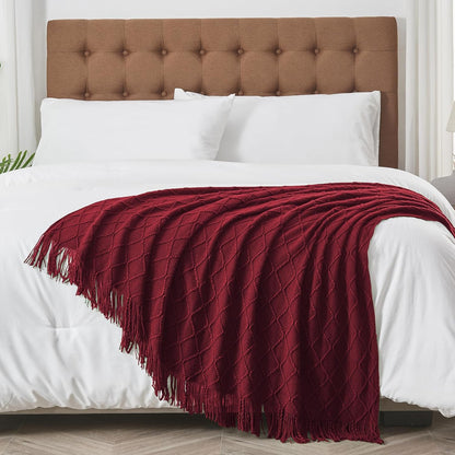inhand Knitted Throw Blankets for Couch and Bed, Soft Cozy Knit Blanket with Tassel, Claret