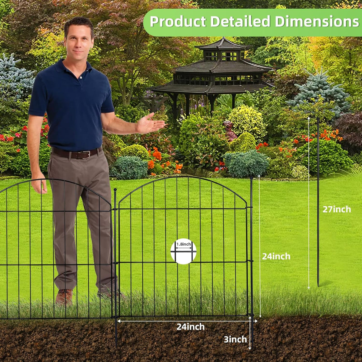 Decorative Garden Fence 24in (H) x20ft (L), 10 Pack No Dig Fence Animal Barrier for Dog, Arched