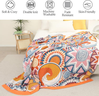 Snycler Boho Throw Blanket for Bed - 100% Cotton Ultra Soft Rustic Quilt Fall Blanket - Orange
