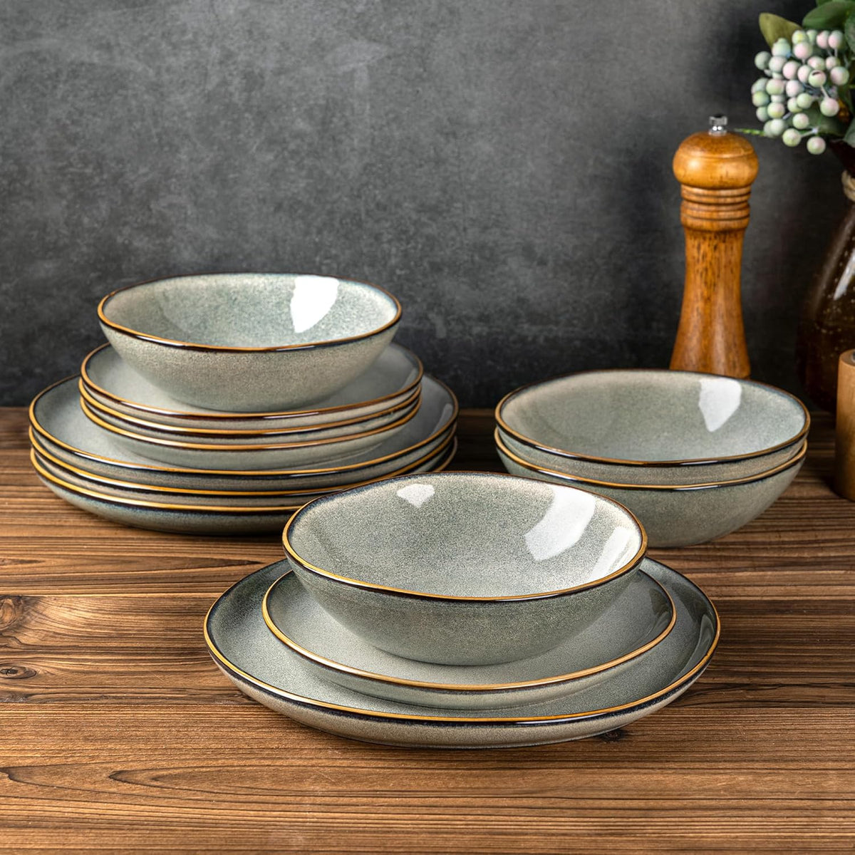 AmorArc Ceramic Dinnerware Sets,Handmade Reactive Glaze Stoneware Plates and Bowls Sets,Highly Chip