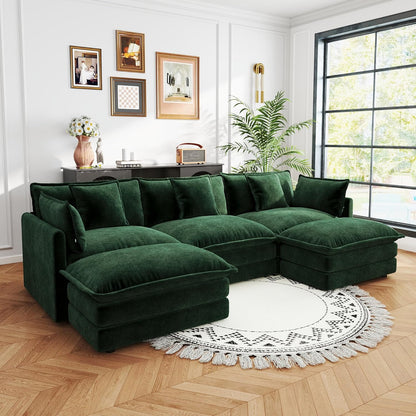 Sectional Sofa 3 Seater with Movable 2 Ottomans,Oversized Modular Couch Deep Seat (Green, 111.5