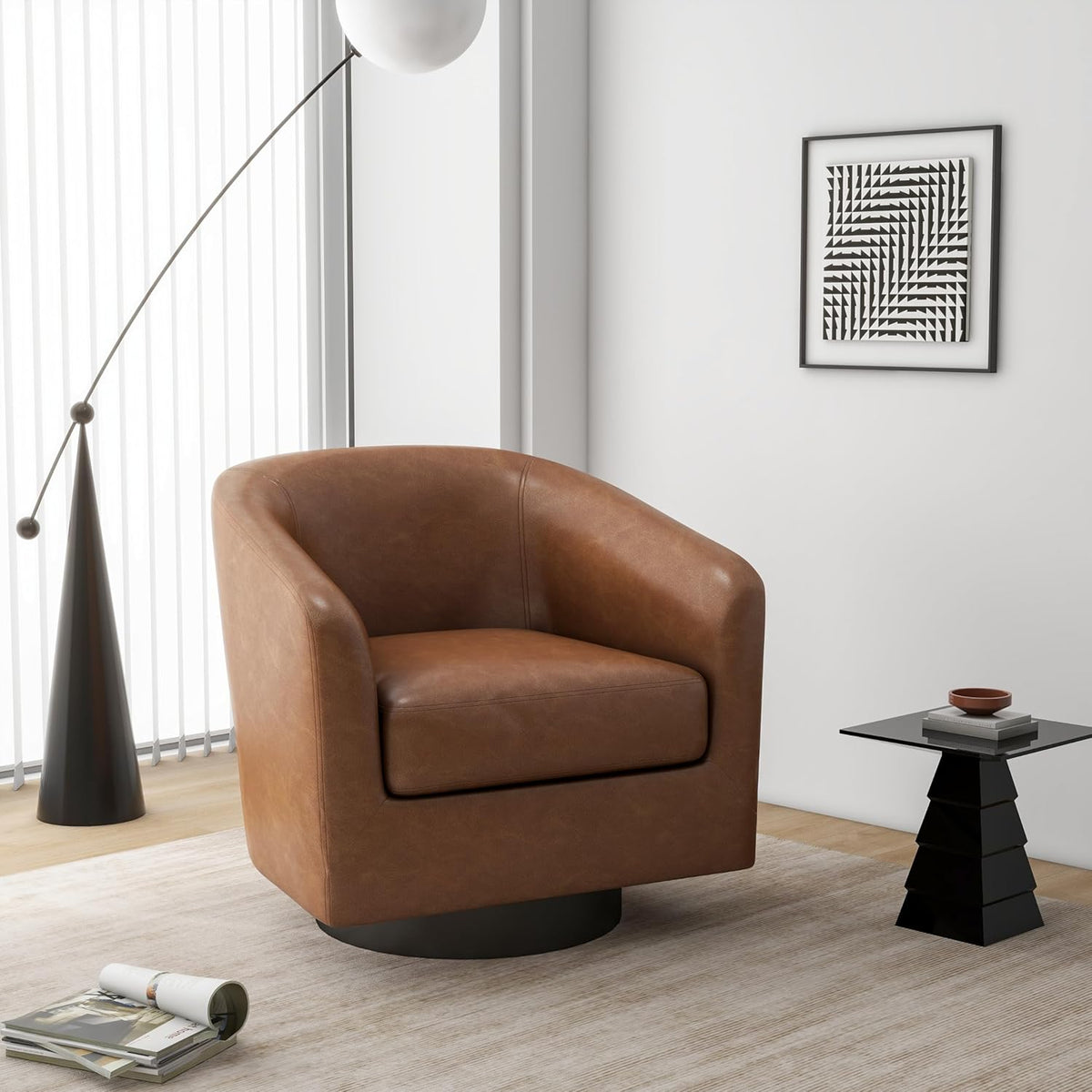 Swivel Barrel Accent Chair, Modern Round Faux Leather Arm Chair for Living Room, Bedroom, Comfy