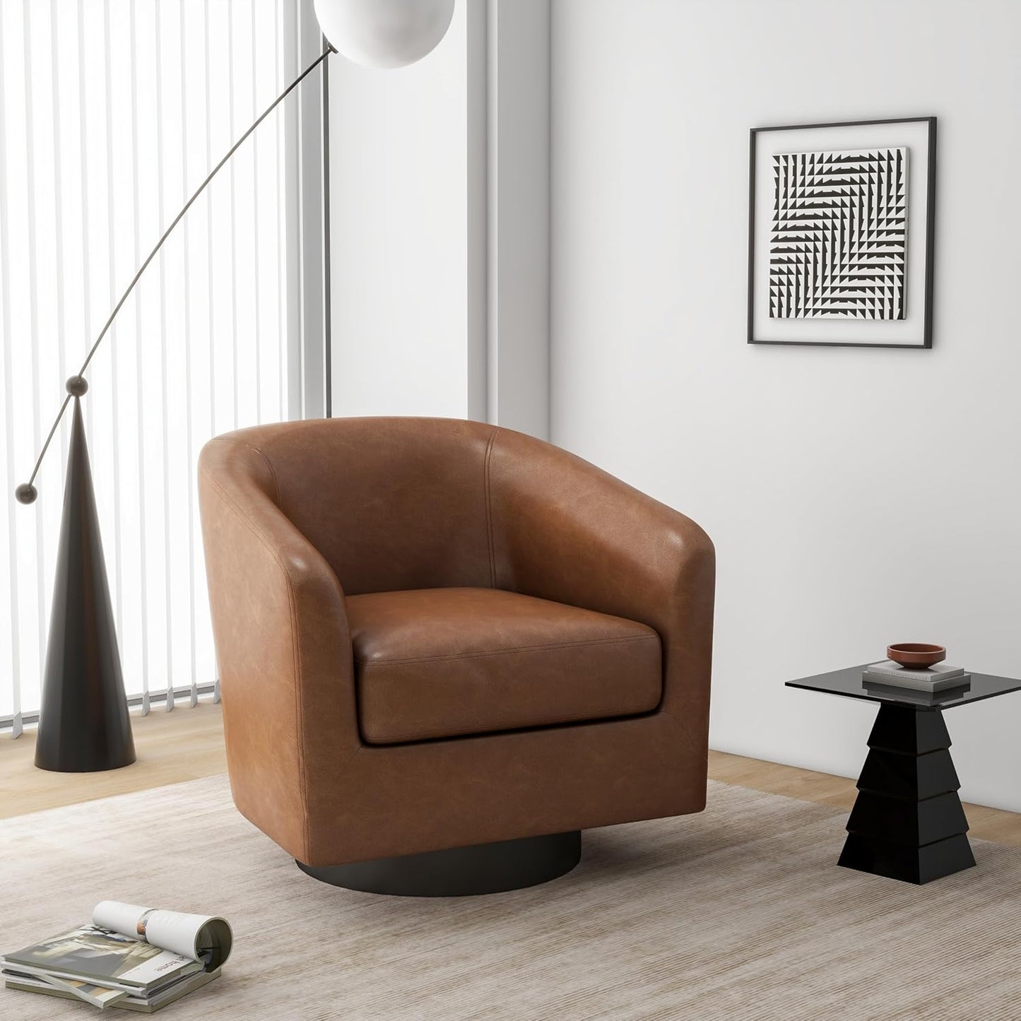 Swivel Barrel Accent Chair, Modern Round Faux Leather Arm Chair for Living Room, Bedroom, Comfy