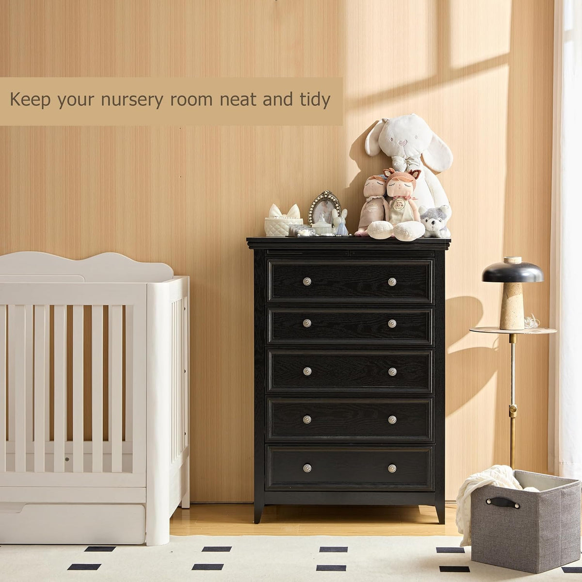BLANKSPACE Black 5 Drawer Dresser, Modern Dresser for Bedroom, Wood Drawer Organizer with Metal