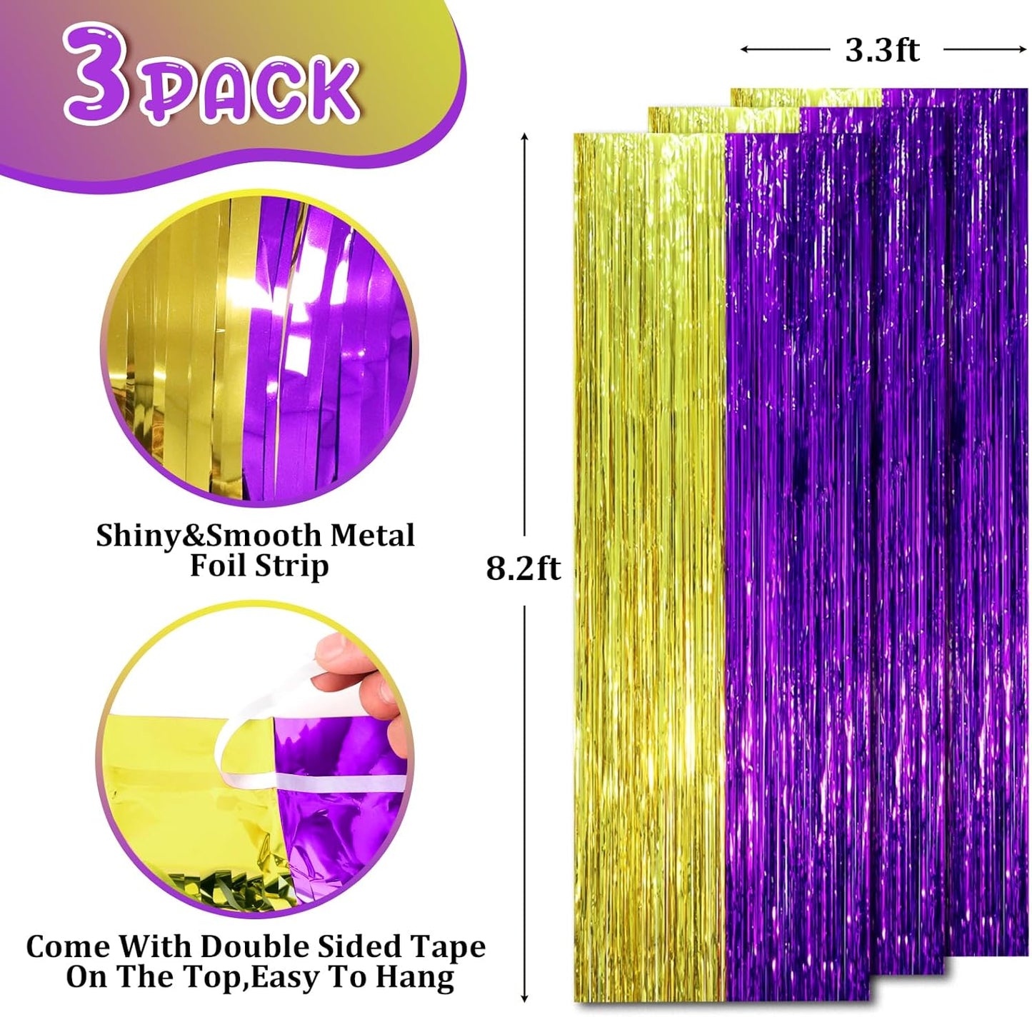 3 Pack 3.3 x 8.2 ft Purple and Gold Foil Fringe Backdrop Curtains, Tinsel Streamers Party