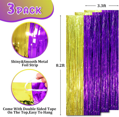 3 Pack 3.3 x 8.2 ft Purple and Gold Foil Fringe Backdrop Curtains, Tinsel Streamers Party