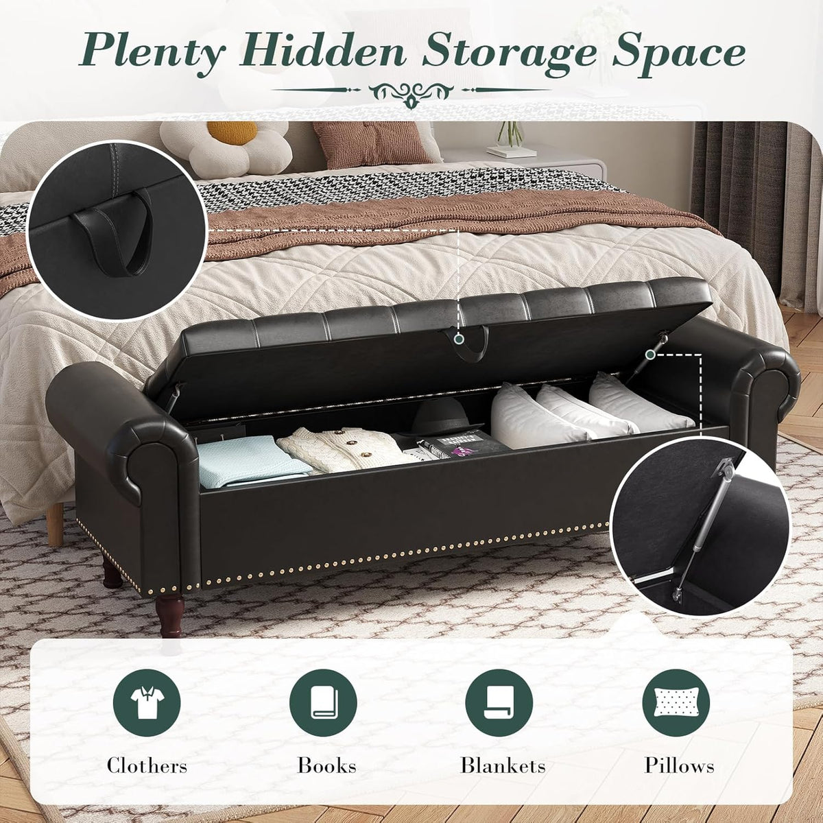 Apicizon 60”Storage Benches, Queen Size Faux Leather Bed Bench with Tufted Button, Upholstered