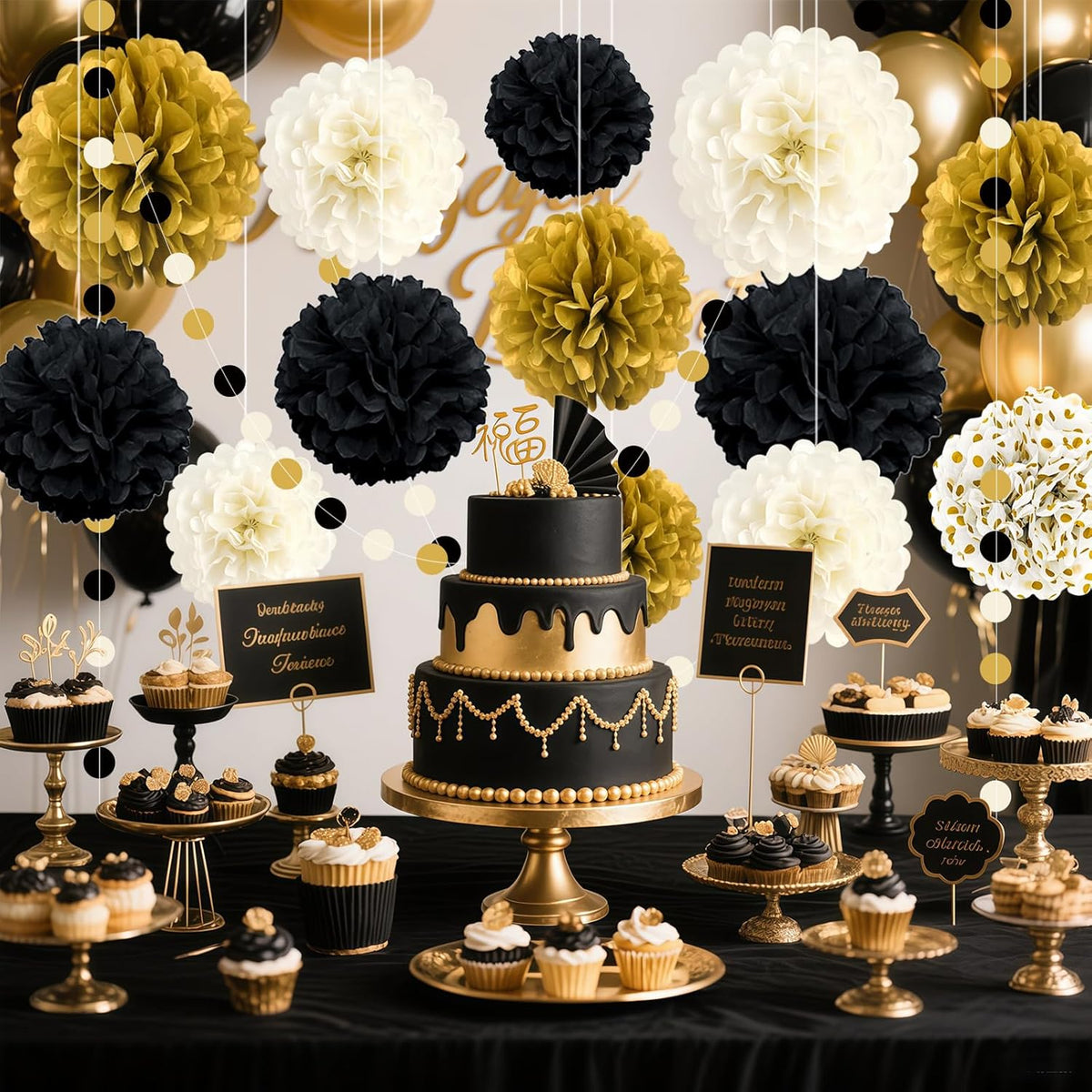 Black and Gold Party Decorations, 16 PCS Tissue Paper Pom Poms Dots Paper Garland Kit for New Year