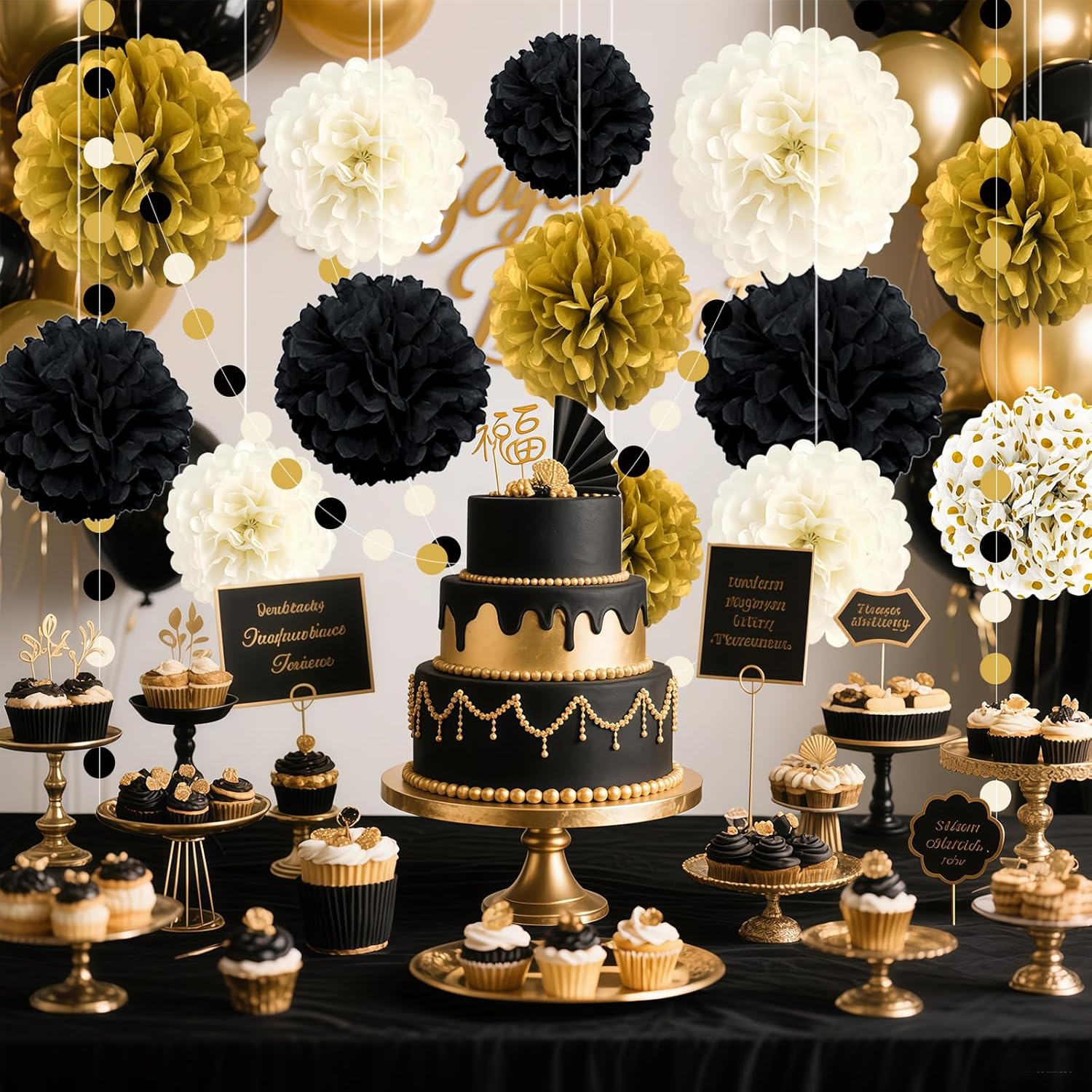 Black and Gold Party Decorations, 16 PCS Tissue Paper Pom Poms Dots Paper Garland Kit for New Year