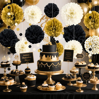 Black and Gold Party Decorations, 16 PCS Tissue Paper Pom Poms Dots Paper Garland Kit for New Year
