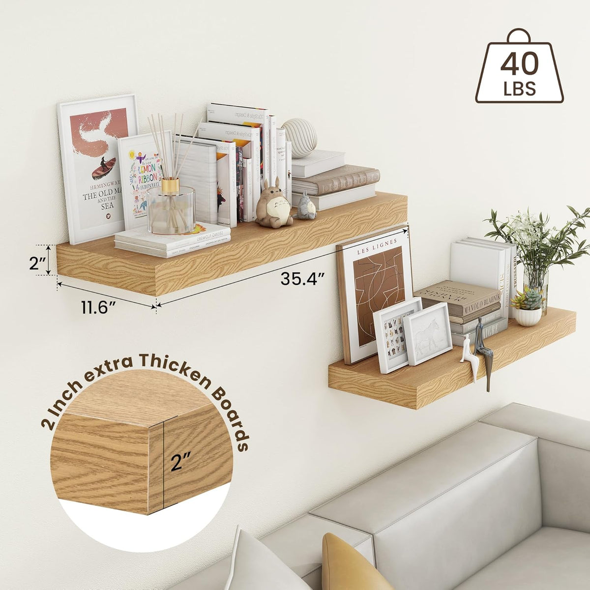 Deep Floating Shelves for Wall, 35.4W x 11.6D Rustic Large Wall Shelves Set of 2, 11.6 Inch Deep