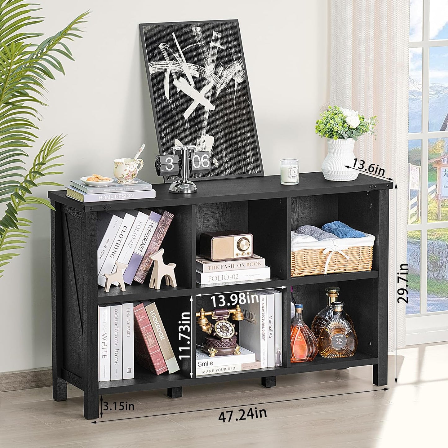6 Cube Bookcase, Farmhouse Wood Low Storage Organizer Book Shelf, Black 47" Horizontal Console
