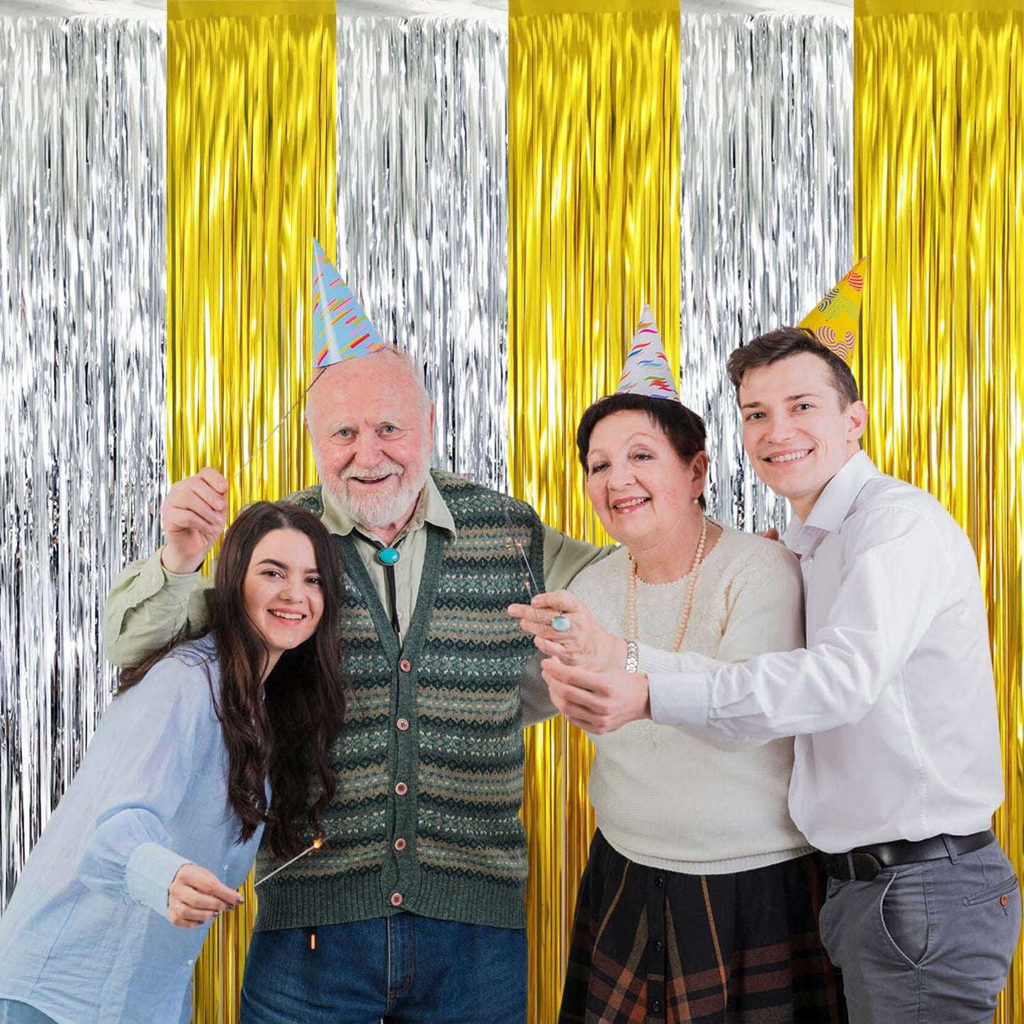 GOER 6.4 ft x 8.2 ft Metallic Tinsel Foil Fringe Curtains Party Backdrop Party Streamers for