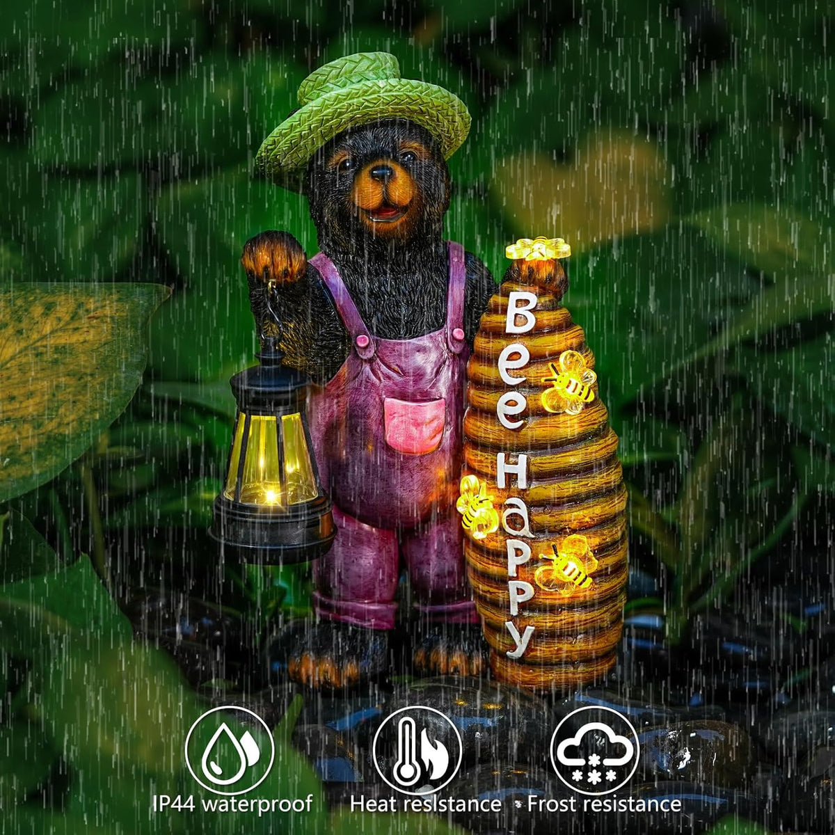 Solar Adorable Bear Garden Statue with Beehive and Lantern - “Bee Happy” Resin Outdoor Decoration